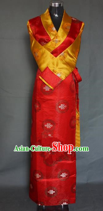 Chinese Traditional Zang Nationality Red Brocade Dress, China Tibetan Ethnic Heishui Dance Costume for Women