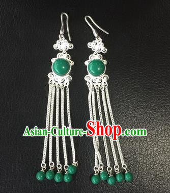 Chinese Traditional Zang Nationality Green Earrings Accessories, China Tibetan Ethnic Silver Eardrop for Women