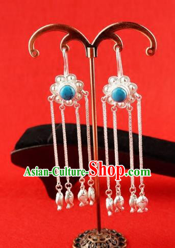 Chinese Traditional Zang Nationality Blue Earrings Accessories, China Tibetan Ethnic Silver Tassel Eardrop for Women