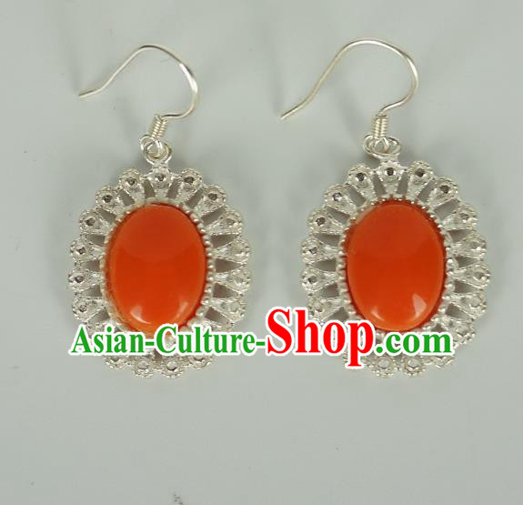 Chinese Traditional Zang Nationality Earrings Jewelry Accessories, China Tibetan Ethnic Silver Crystal Eardrop for Women
