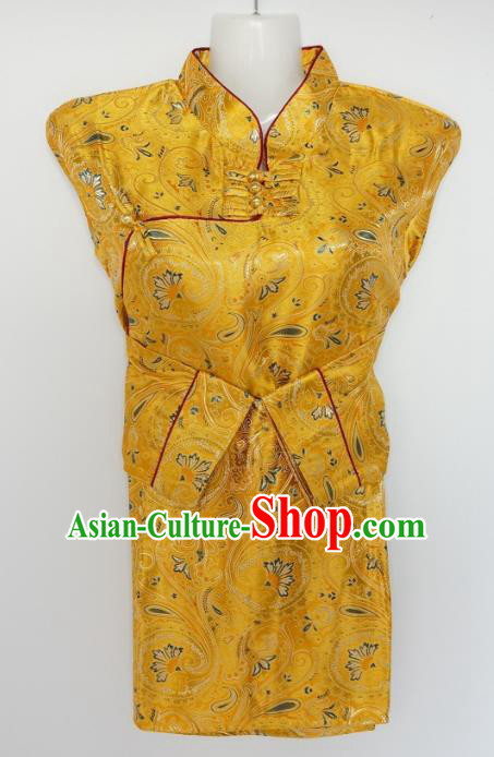 Chinese Traditional Zang Nationality Yellow Brocade Blouse, China Tibetan Ethnic Heishui Dance Costume for Women
