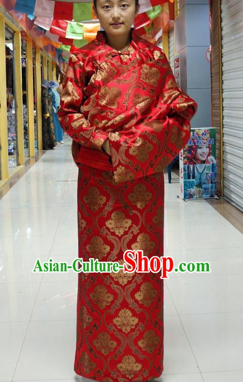 Chinese Zang Nationality Red Satin Tibetan Robe, China Traditional Tibetan Ethnic Heishui Dance Costume for Women