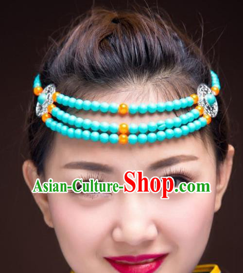 Traditional Chinese Mongol Nationality Hair Accessories, Mongolian Minority Blue Beads Headwear for Women
