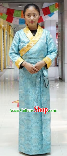 Chinese Zang Nationality Blue Tibetan Dress, China Traditional Tibetan Ethnic Heishui Dance Costume for Women