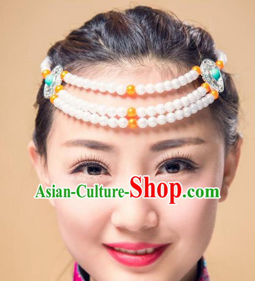 Traditional Chinese Mongol Nationality Hair Accessories, Mongolian Minority White Beads Headwear for Women