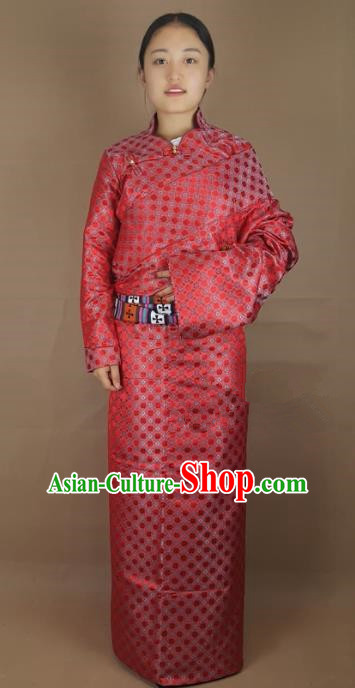 Chinese Zang Nationality Folk Dance Red Brocade Tibetan Robe, China Traditional Tibetan Ethnic Costume for Women