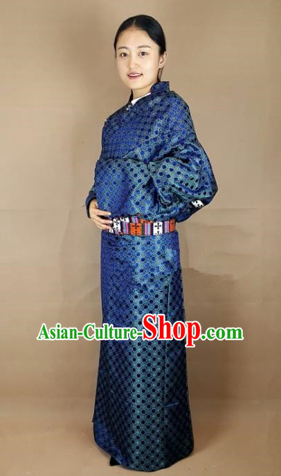 Chinese Zang Nationality Folk Dance Royalblue Brocade Tibetan Robe, China Traditional Tibetan Ethnic Costume for Women