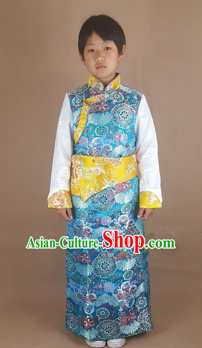 Chinese Traditional Zang Nationality Children Blue Tibetan Robe, China Tibetan Ethnic Heishui Dance Costume for Kids