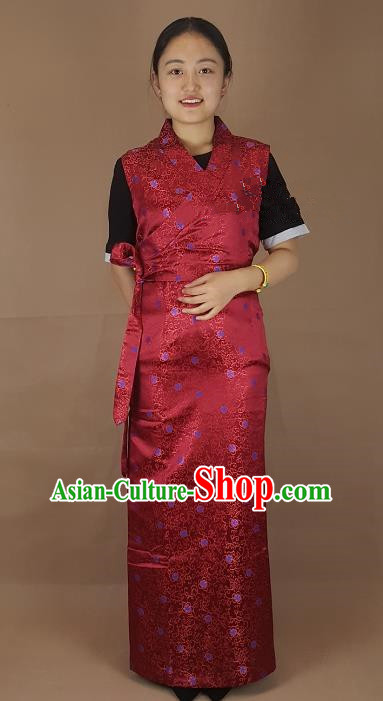 Chinese Zang Nationality Folk Dance Purplish Red Brocade Dress, China Traditional Tibetan Ethnic Costume for Women