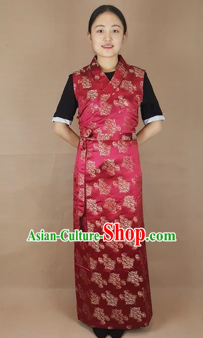 Chinese Zang Nationality Folk Dance Purplish Red Dress, China Traditional Tibetan Ethnic Costume for Women