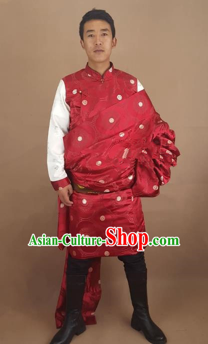 Chinese Traditional Zang Nationality Red Tibetan Robe, China Tibetan Ethnic Folk Dance Costume for Men