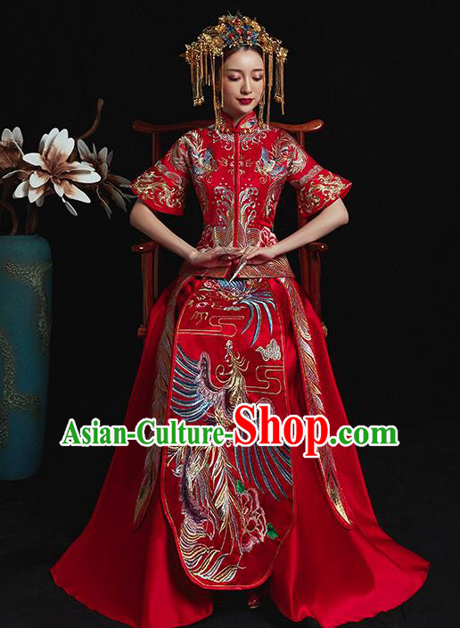 Chinese Traditional Wedding Costume Ancient Bride Xiuhe Suit Embroidered Red Full Dress for Women
