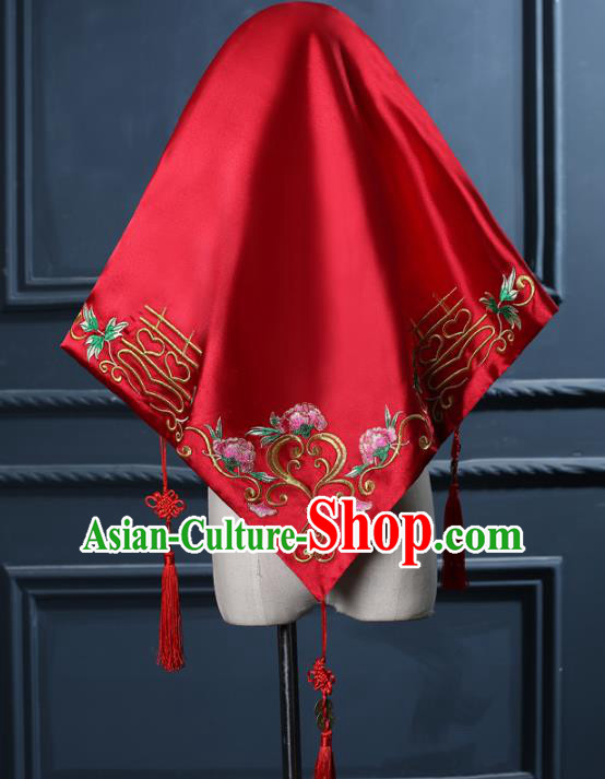 Chinese Traditional Handmade Wedding Embroidered Peony Red Bridal Veil Xiuhe Suit Hair Accessories for Women