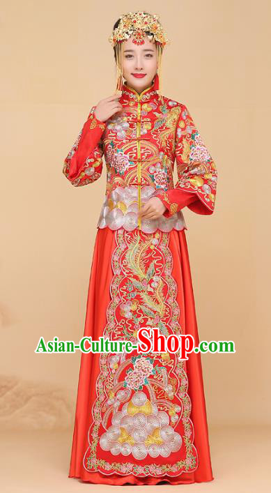 Chinese Traditional Wedding Bottom Drawer Ancient Bride Embroidered Xiuhe Suit Red Cheongsam for Women
