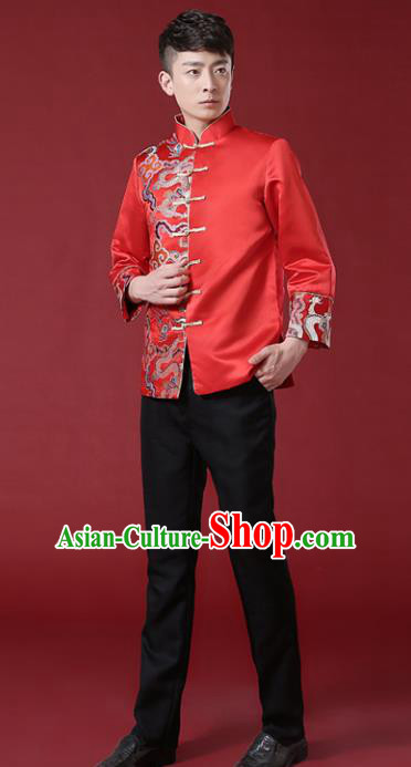 Chinese Traditional Wedding Embroidered Costume Ancient Bridegroom Red Mandarin Jacket Tang Suit Clothing for Men