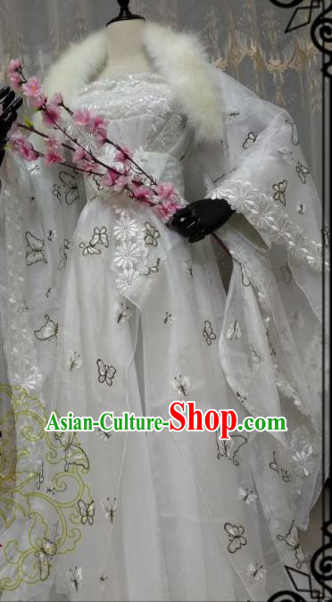 Chinese Ancient Court Princess Costume Cosplay Swordswoman Clothing Tang Dynasty Palace Lady White Hanfu Dress for Women