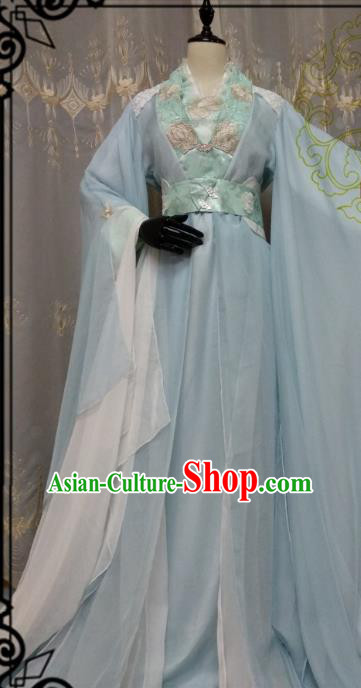 Chinese Ancient Fairy Costume Cosplay Swordswoman Clothing Knight Princess Blue Hanfu Dress for Women