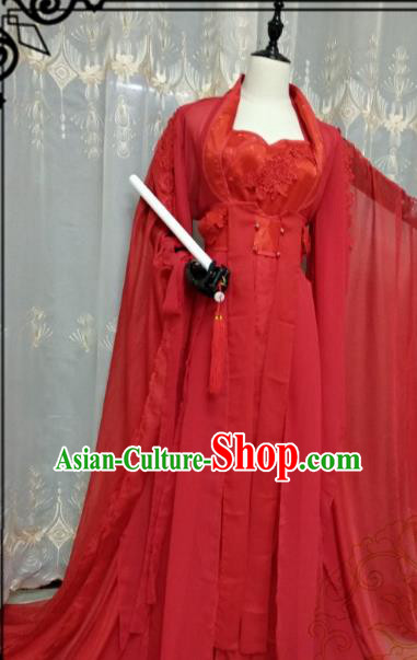 Chinese Ancient Wedding Costume Cosplay Swordswoman Clothing Tang Dynasty Princess Red Hanfu Dress for Women