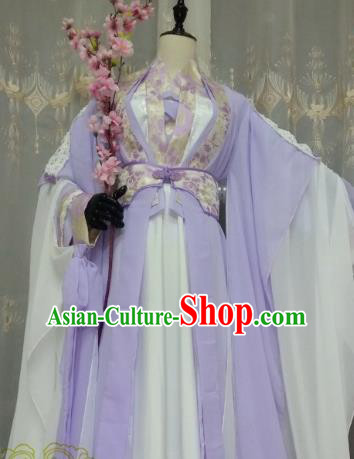 Chinese Ancient Fairy Costume Cosplay Swordswoman Clothing Tang Dynasty Princess Lilac Hanfu Dress for Women