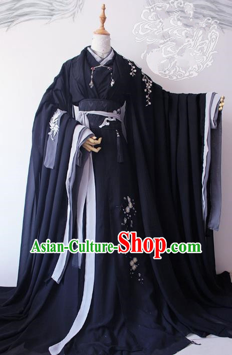 Chinese Ancient Crown Prince Black Costume Cosplay Nobility Childe Swordsman Embroidered Clothing for Men