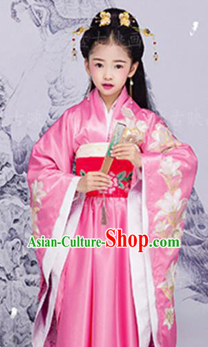 Chinese Ancient Princess Embroidered Costume Han Dynasty Palace Lady Hanfu Dress and Headpiece for Kids