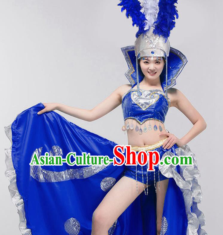 Spanish Traditional Paso Doble Costume Opening Dance Modern Dance Big Swing Royalblue Dress and Headpiece for Women