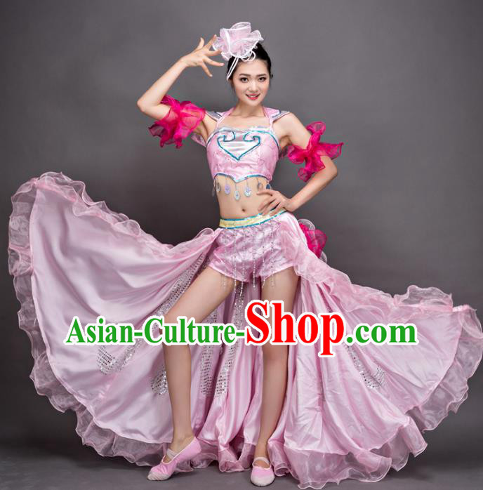 Top Grade Stage Performance Dance Costume Opening Modern Dance Pink Dress and Headpiece for Women