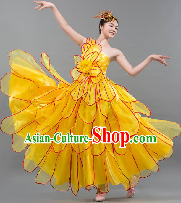 Top Grade Stage Performance Costume Chorus Singing Group Opening Modern Dance Yellow Bubble Dress for Women