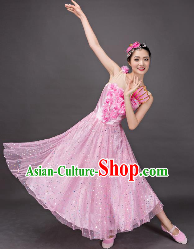 Top Grade Stage Performance Folk Dance Costume Chorus Modern Dance Pink Dress for Women