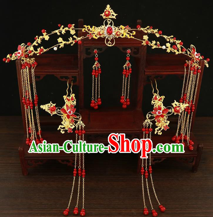 Chinese Traditional Xiuhe Suit Hair Accessories Ancient Handmade Red Beads Tassel Hairpins Complete Set for Women