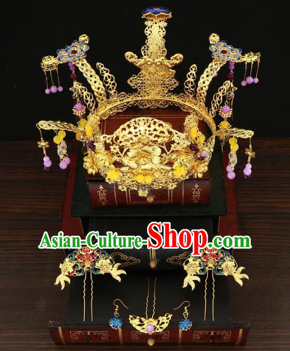 Chinese Traditional Hair Accessories Xiuhe Suit Handmade Blueing Phoenix Coronet Ancient Hairpins Tassel Step Shake for Women