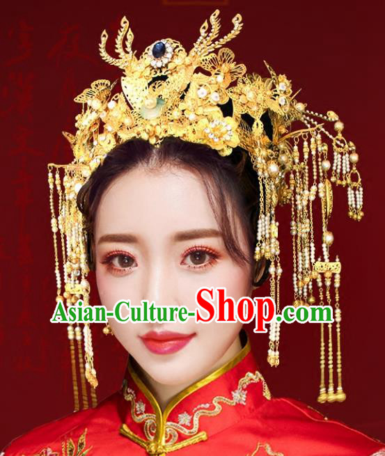 Chinese Traditional Hair Accessories Xiuhe Suit Handmade Pearls Tassel Phoenix Coronet Ancient Hairpins Tassel Step Shake for Women