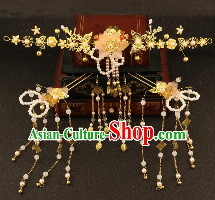 Chinese Traditional Xiuhe Suit Hair Accessories Bride Butterfly Hair Clasp Ancient Jade Hairpins Complete Set for Women