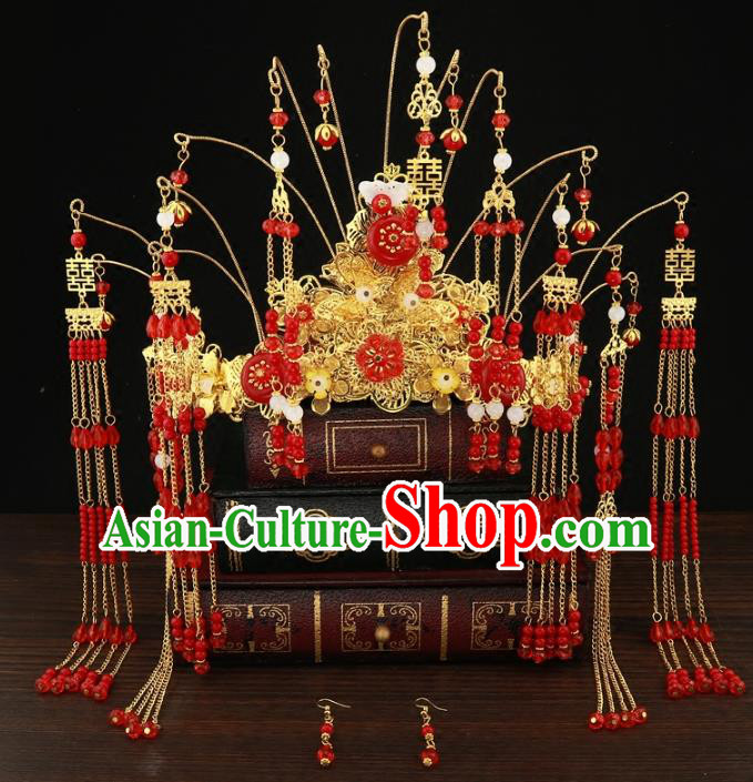 Chinese Traditional Hair Accessories Xiuhe Suit Handmade Red Beads Tassel Phoenix Coronet Ancient Hairpins Step Shake for Women