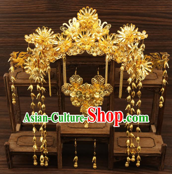 Chinese Traditional Xiuhe Suit Hair Accessories Bride Golden Phoenix Coronet Ancient Hairpins Complete Set for Women