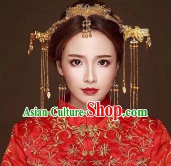 Chinese Traditional Handmade Bride Phoenix Coronet Hair Accessories Tassel Step Shake Ancient Hairpins Complete Set for Women
