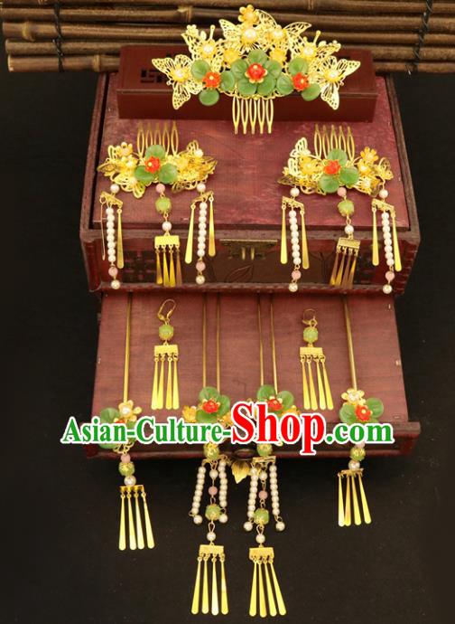 Chinese Traditional Handmade Hair Accessories Xiuhe Suit Hair Combs Ancient Hairpins Complete Set for Women