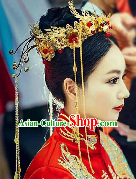 Chinese Traditional Wedding Xiuhe Suit Phoenix Coronet Hair Accessories Ancient Hairpins Complete Set for Women