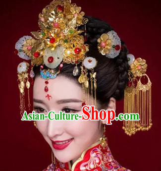 Chinese Traditional Wedding Xiuhe Suit Jade Hair Clips Hair Accessories Ancient Hairpins Complete Set for Women