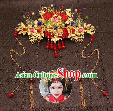 Chinese Traditional Hair Accessories Ancient Hairpins Red Beads Tassel Phoenix Coronet for Women