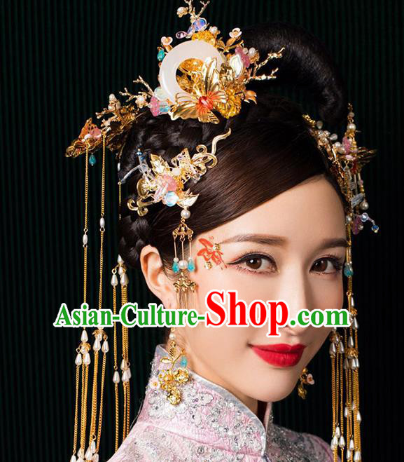 Chinese Ancient Handmade Phoenix Coronet Traditional Xiuhe Suit Jade Hairpins Hair Accessories for Women
