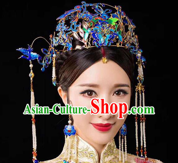 Chinese Ancient Handmade Palace Cloisonne Phoenix Coronet Traditional Hair Accessories Xiuhe Suit Hairpins for Women