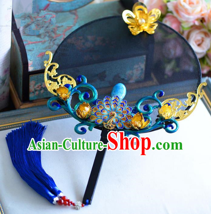 Chinese Handmade Wedding Accessories Blue Palace Fans Hanfu Round Fans for Women