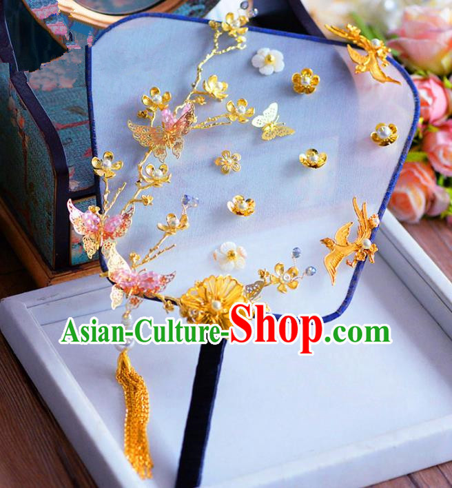 Chinese Handmade Wedding Accessories Golden Butterfly Palace Fans Hanfu Round Fans for Women