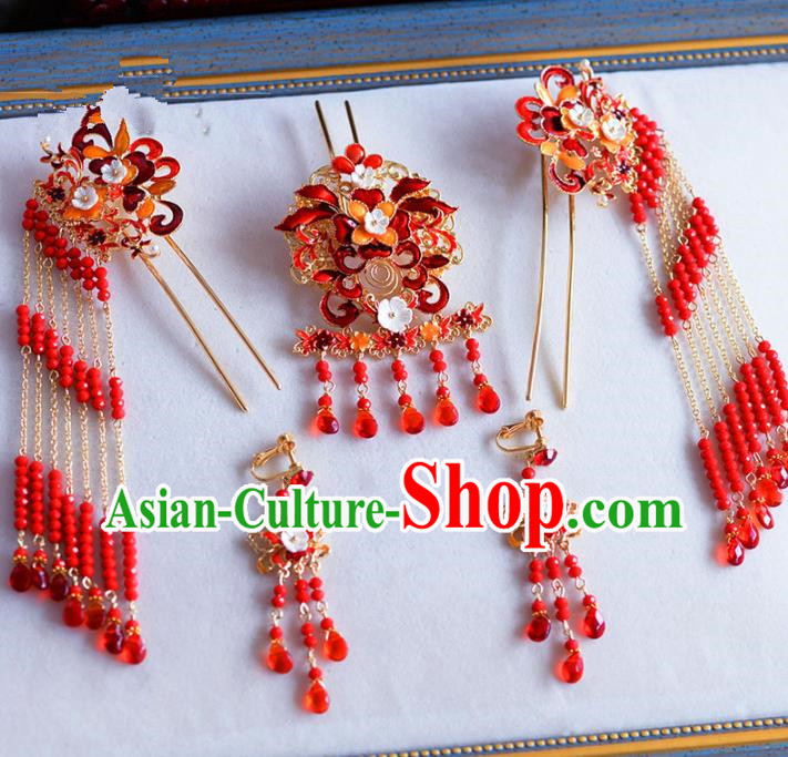 Chinese Ancient Handmade Palace Pearls Red Beads Hair Clips Hair Accessories Traditional Hairpins Complete Set for Women