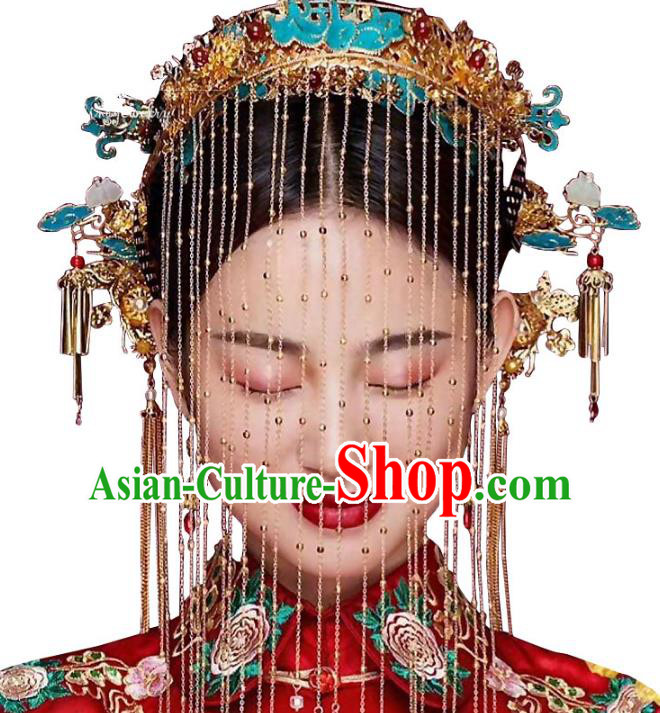 Chinese Ancient Handmade Palace Cloisonne Phoenix Coronet Tassel Step Shake Hair Accessories Traditional Hairpins for Women