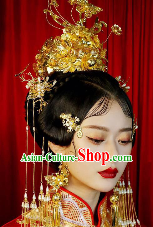 Chinese Ancient Handmade Palace Traditional Phoenix Coronet Hair Accessories Xiuhe Suit Hairpins Complete Set for Women