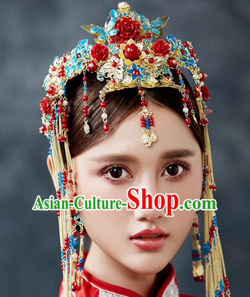 Ancient Chinese Handmade Cloisonne Phoenix Coronet Traditional Hair Accessories Xiuhe Suit Hairpins for Women