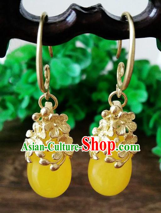 Top Grade Chinese Handmade Wedding Accessories Brass Eardrop Hanfu Yellow Jade Earrings for Women