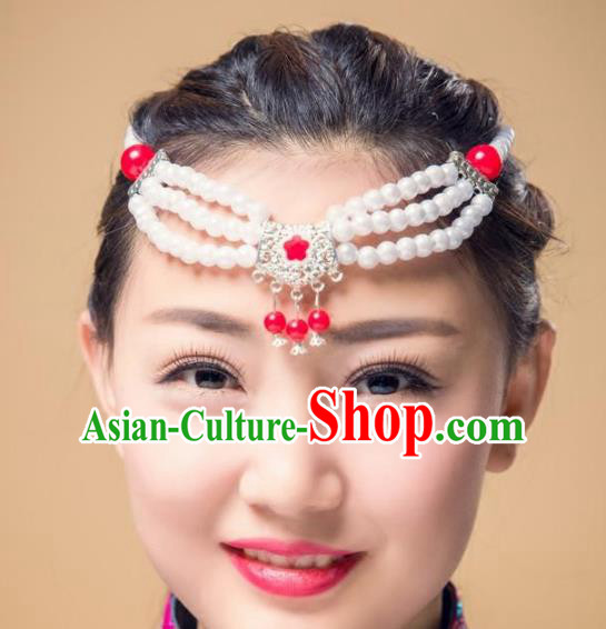 Traditional Chinese Mongol Nationality Dance Hair Accessories, Mongolian Minority White Beads Hair Clasp Headwear for Women